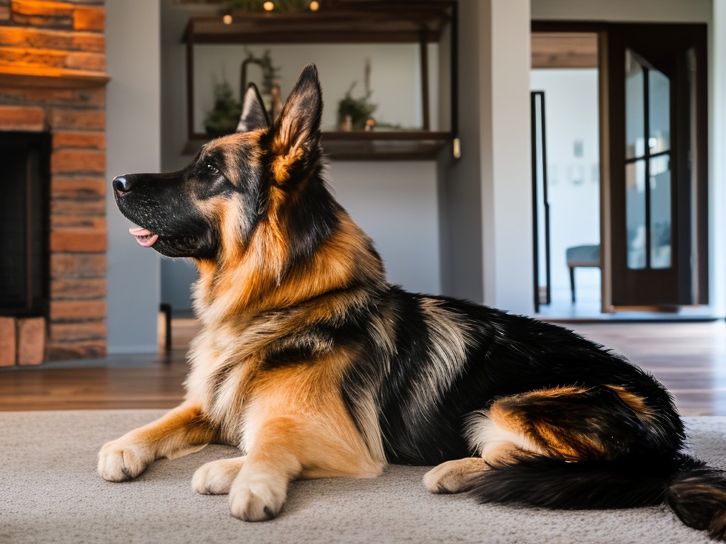 RAW photo, a German Shepherd peacefully resting by a fireplace indoors, reflecting its calm and protective demeanor, warm ambient lighting, 8k UHD resolution, high-quality, realistic photo, subtle film grain, Sony Alpha 7R IV