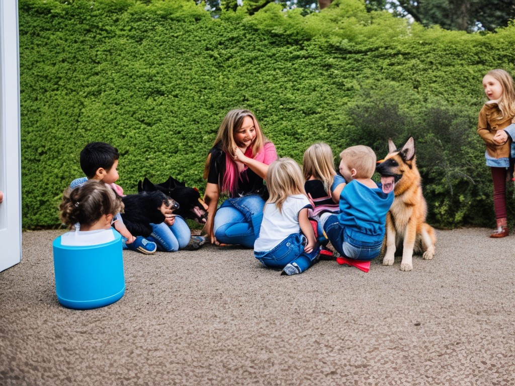 RAW photo, a German Shepherd puppy interacting with children, capturing their gentle and playful nature, shot in a spacious backyard with soft natural lighting, 8k UHD resolution, high quality, realistic photo, Fujifilm XT4