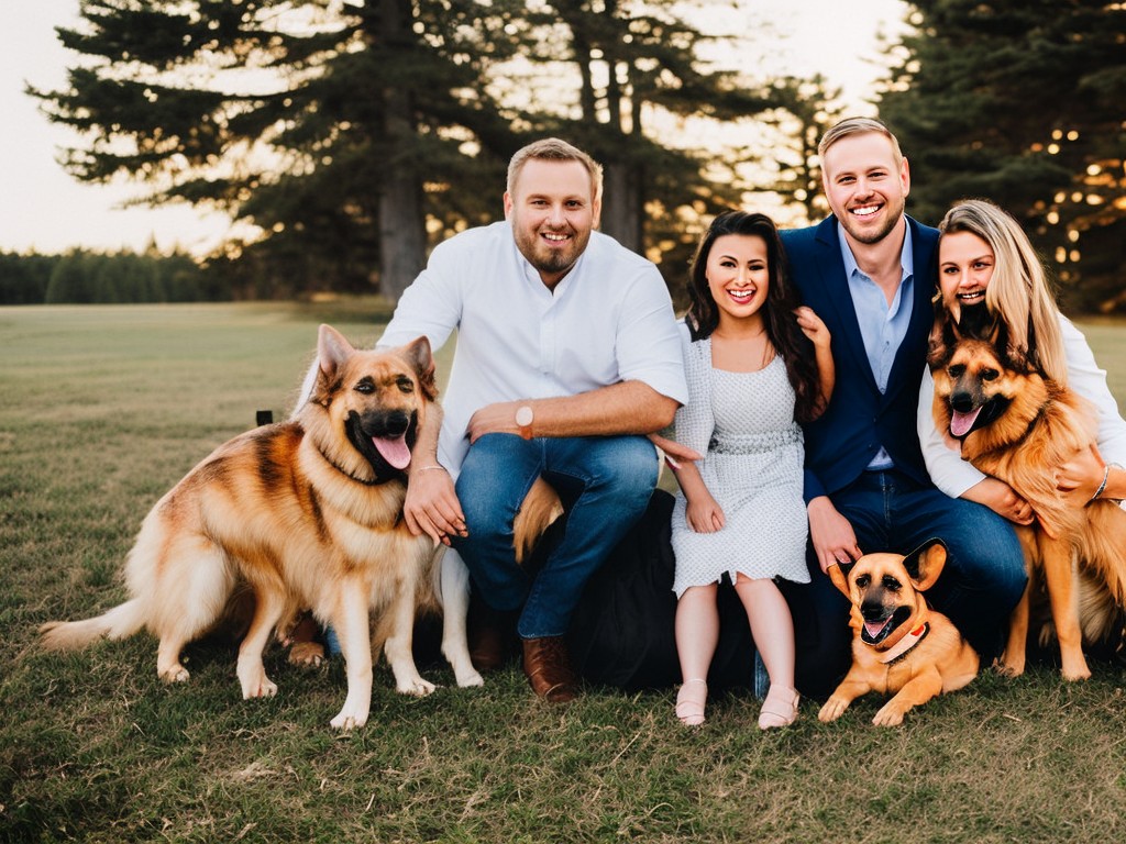 RAW photo, a family portrait with a German Shepherd sitting obediently beside its owners, exemplifying the breed's loyalty and companionship, soft natural lighting, 8k UHD resolution, high-quality, film grain, Nikon Z7 II