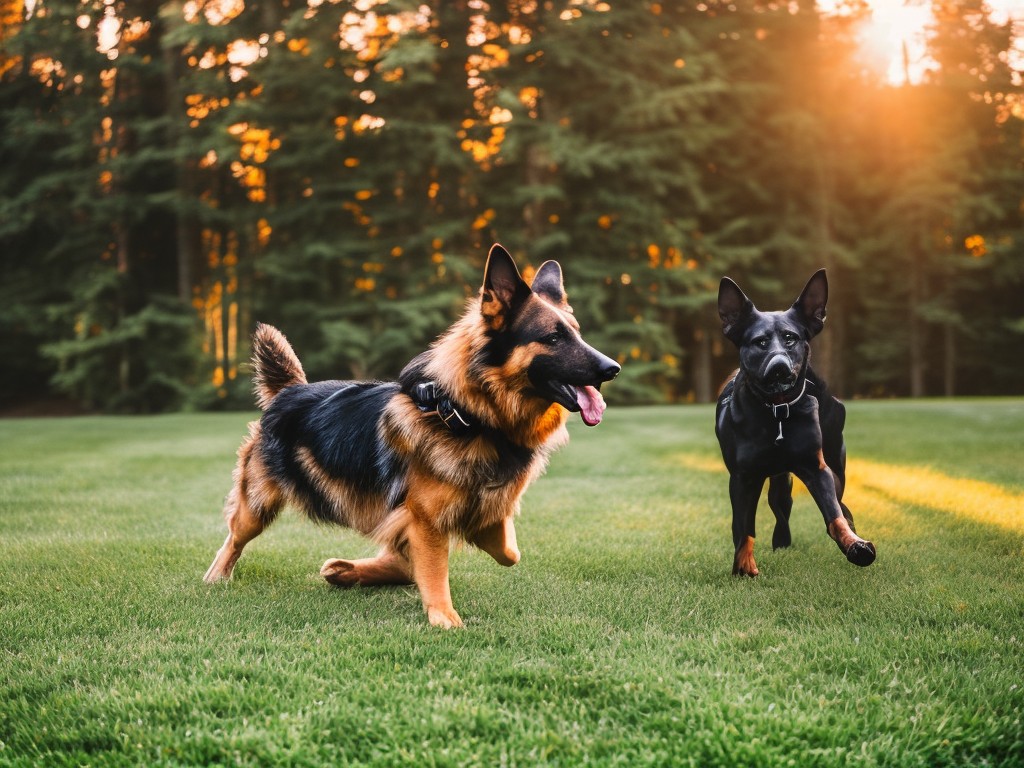 RAW photo, a German Shepherd playing fetch with its owner in a spacious backyard, showcasing the breed's energy and playfulness, shot in golden hour light, 8k UHD resolution, high dynamic range, realistic photo, Fujifilm XT4