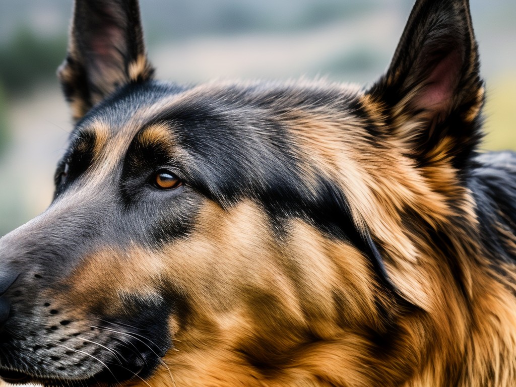 RAW photo, a close-up of a German Shepherd's face, displaying intelligence and loyalty, captured in natural light, 8k UHD resolution, high-quality, realistic photo, subtle film grain, Canon EOS R5