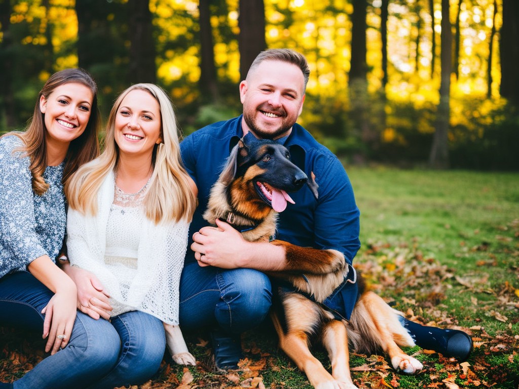 RAW photo, a family portrait featuring a German Shepherd sitting obediently beside its owners, symbolizing loyalty and companionship, warm ambient lighting, 8k UHD resolution, high quality, film grain, Nikon Z7 II