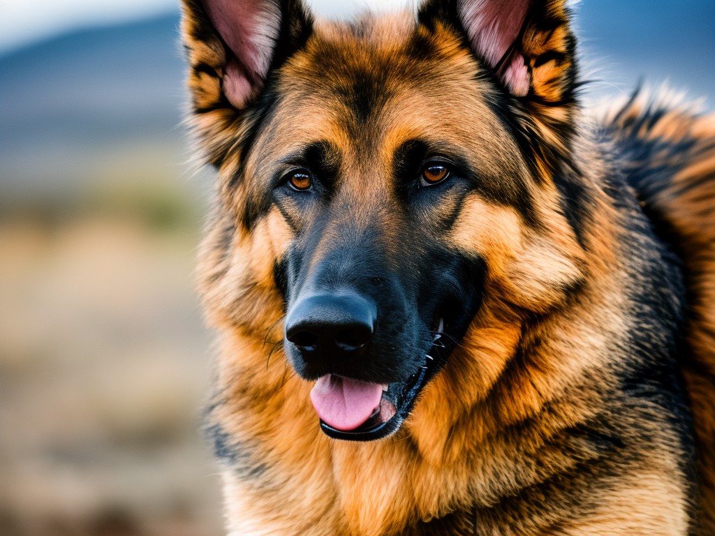 RAW photo, a close-up portrait of a German Shepherd dog with a friendly expression, showcasing its intelligence and loyalty, soft natural lighting, 8k UHD resolution, high quality, realistic photo, subtle film grain, Nikon D850