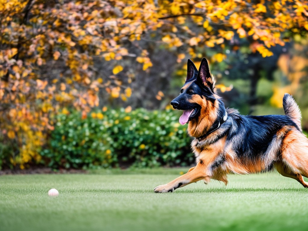 RAW photo, a German Shepherd playing fetch in a spacious backyard, capturing its active and playful nature, vibrant colors, dynamic composition, soft natural lighting, 8k UHD resolution, high quality, film grain, Canon EOS R5