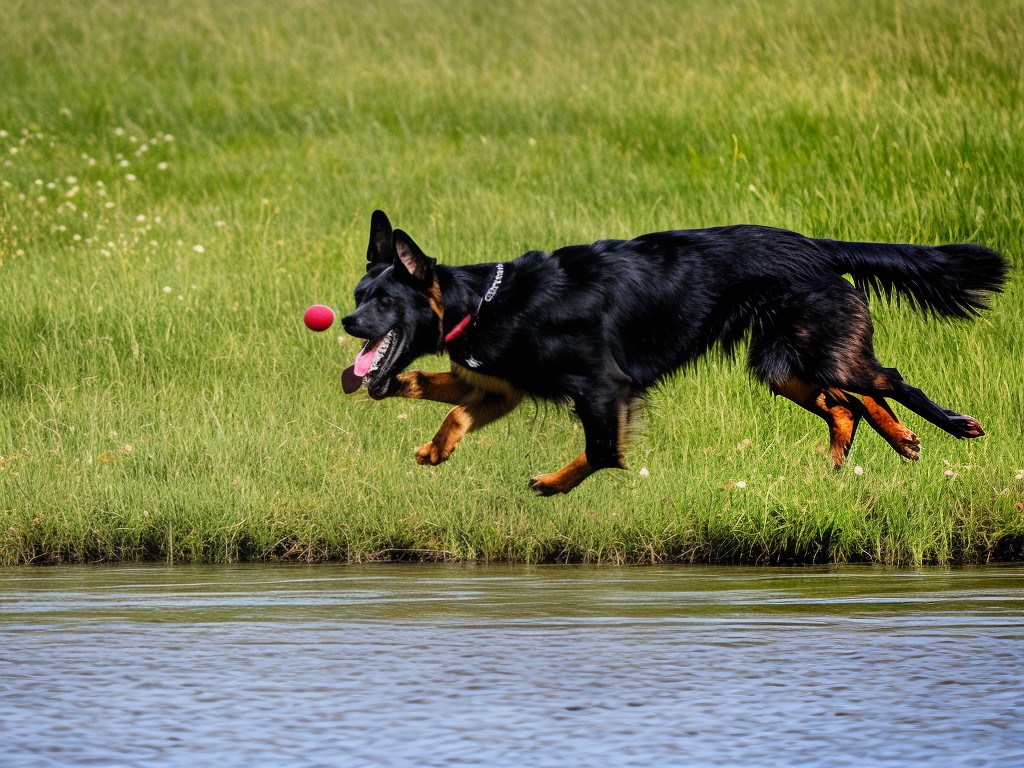 RAW photo, a German Shepherd playing fetch in a lush green field, showcasing its energy and athleticism, dynamic composition, soft natural lighting, 8k uhd, high resolution, Fujifilm XT4