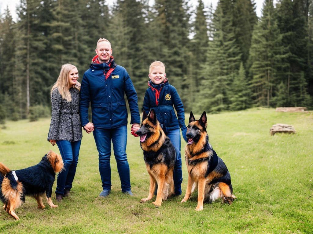 RAW photo, a German Shepherd standing proudly with a family, symbolizing their protective and loyal traits as excellent pets, warm and inviting atmosphere, 8k uhd, high quality, realistic photo, Fujifilm XT4