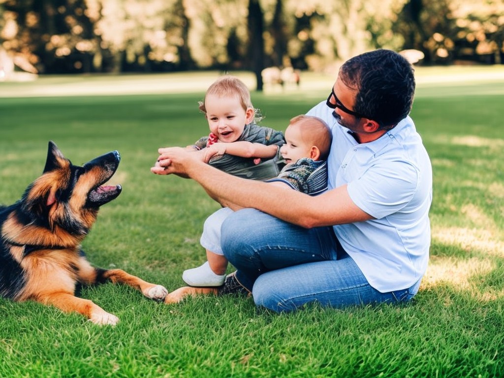 RAW photo, a German Shepherd playing with a child in a sunny park, capturing the loyal and affectionate temperament, soft natural lighting, 8k uhd, high resolution, realistic photo, subtle film grain, Canon EOS R5