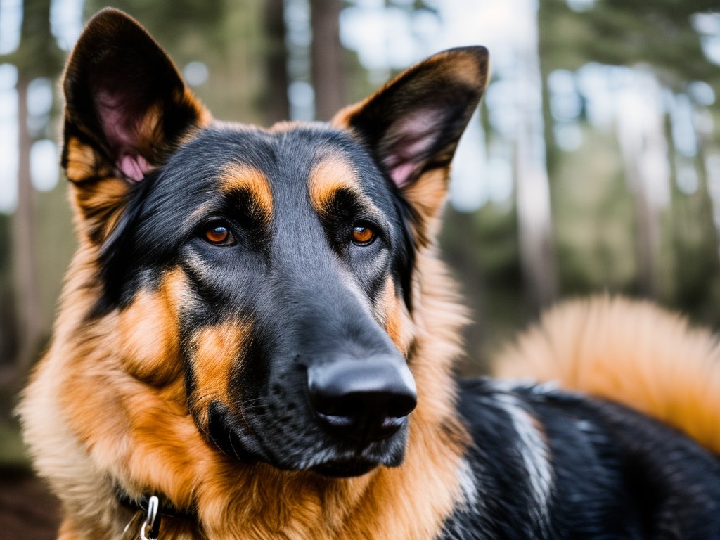 a close-up shot of a German Shepherd's face, showcasing its intelligent and loyal expression, soft natural lighting, 8k UHD resolution, high-quality, capturing the essence of the breed's trustworthy temperament and the emotional bond between the dog and its owner, Fujifilm XT4