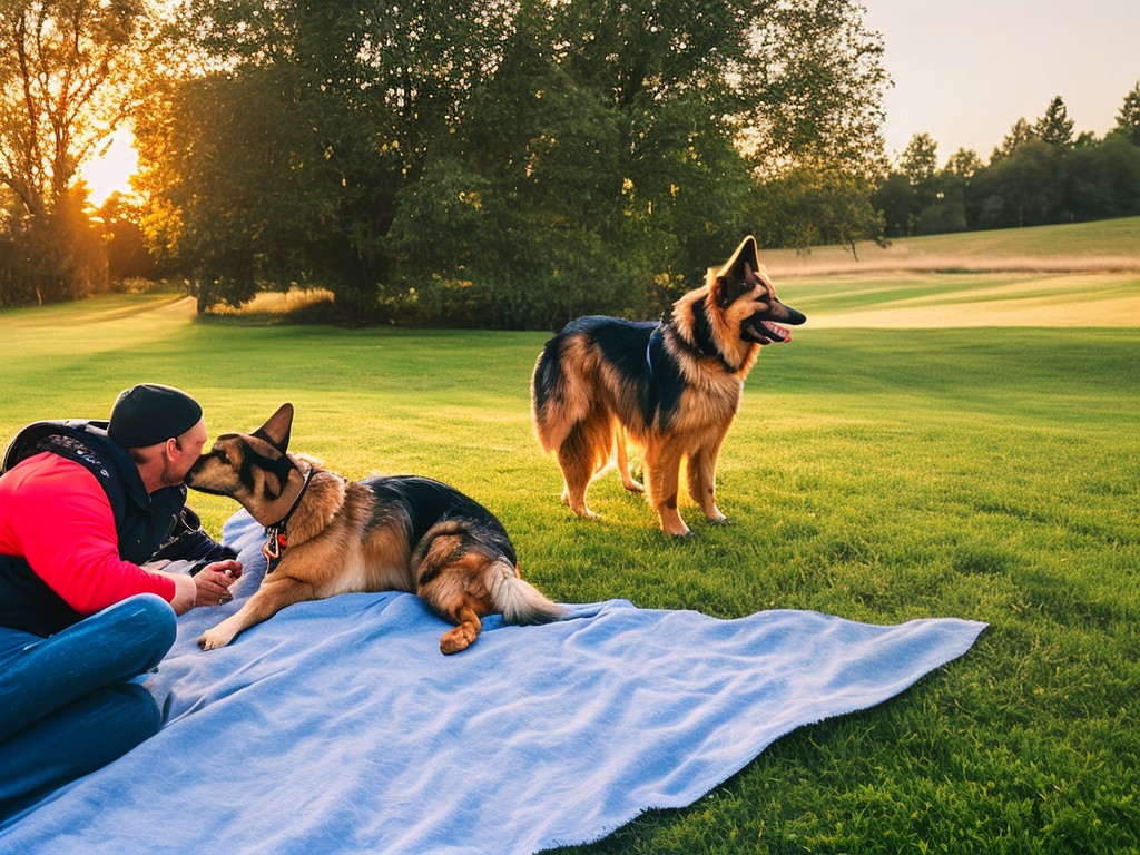 RAW photo, a German Shepherd engaged in play with its owner, displaying enthusiasm and obedience, shot in a spacious and well-maintained backyard, soft golden-hour lighting, 8k UHD resolution, high-quality, capturing the dog's dynamic energy and affectionate nature, Nikon Z7